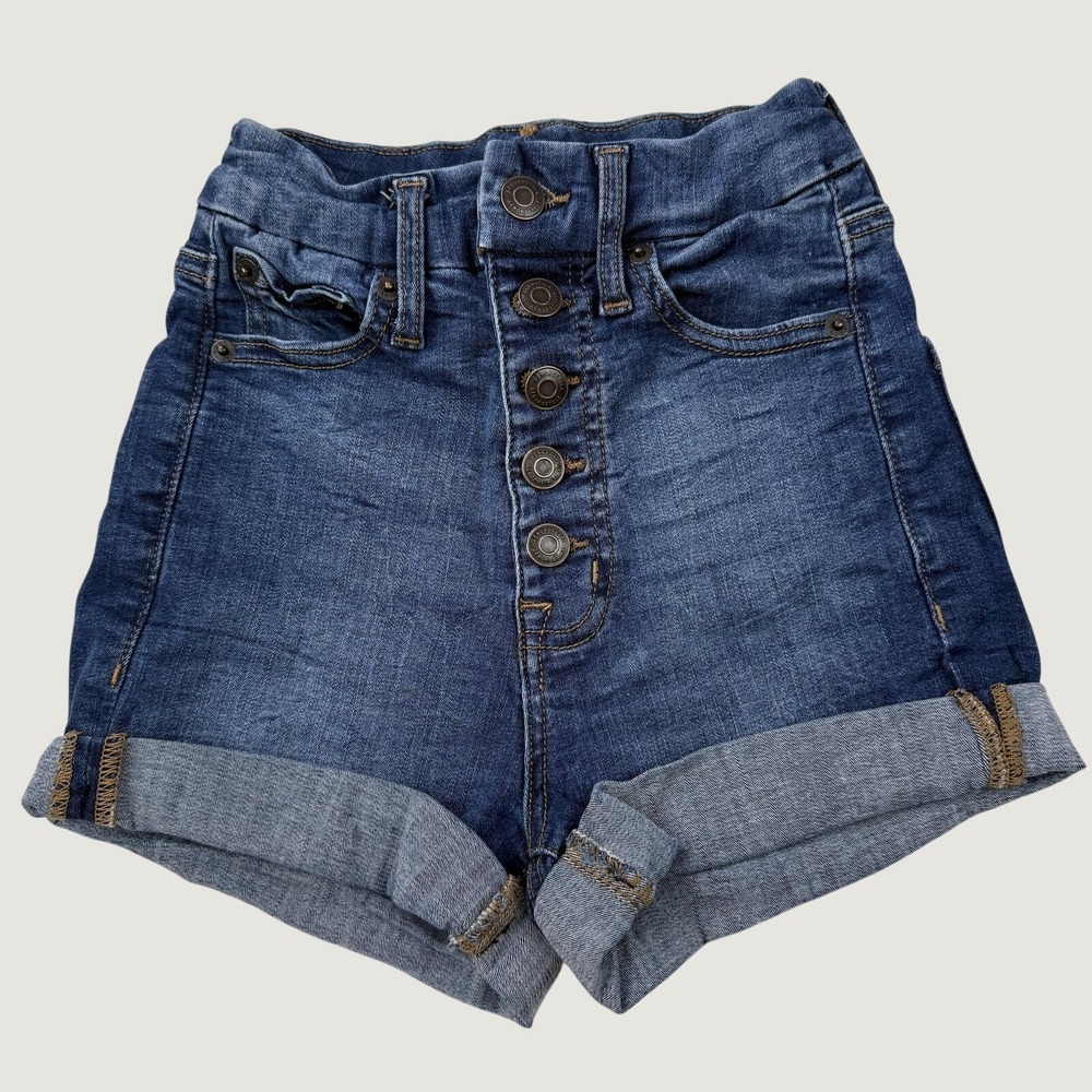 Aeropostale Womens 000 Super High Rise Curvy Midi Denim Shorts Blue Button Fly